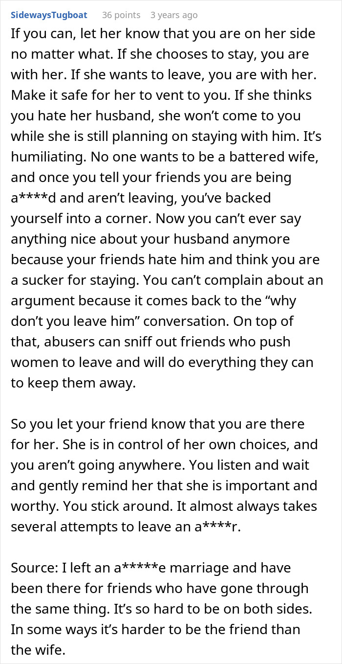 A lengthy comment detailing how to support a friend in an a*****e marriage, relating to the groom's behavior at the wedding.