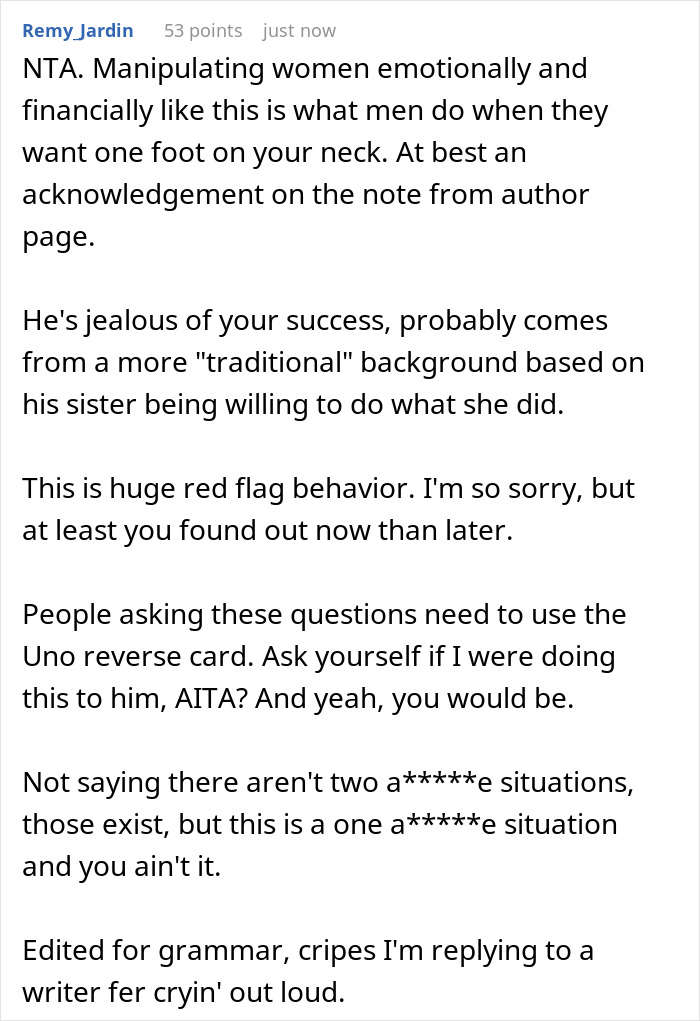 A Reddit comment calling the boyfriend's actions a huge red flag regarding the author GF's book.