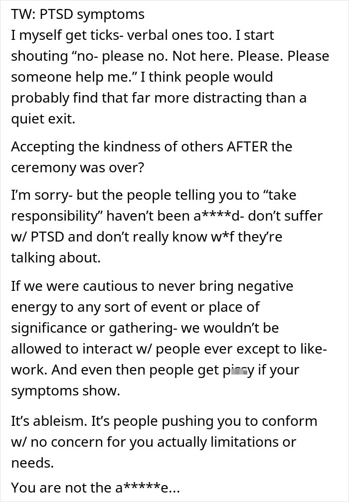 Explanation of PTSD symptoms affecting participation in wedding events Explanation of PTSD symptoms affecting participation in wedding events