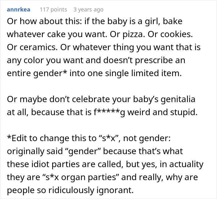 Comment questioning gender reveal cakes and suggesting alternative celebrations Comment questioning gender reveal cakes and suggesting alternative celebrations