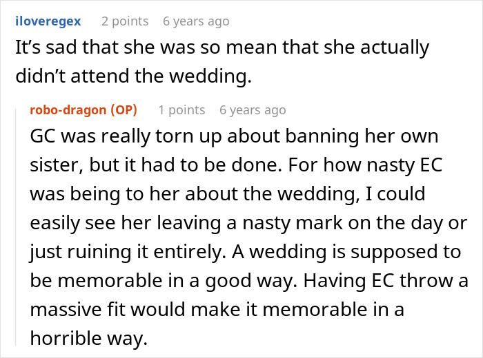 A screenshot of a Reddit discussion about a sister being banned from a wedding.