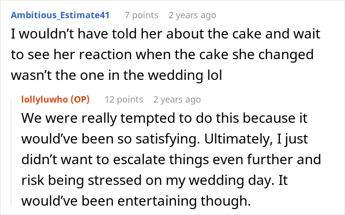 Discussion about wedding cake changes and bride's reflections on wedding Discussion about wedding cake changes and bride's reflections on wedding