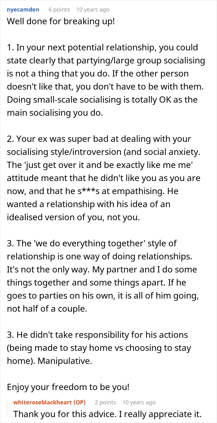 A screenshot of a Reddit comment providing relationship advice for an introverted GF who went to a bar crawl. A screenshot of a Reddit comment providing relationship advice for an introverted GF who went to a bar crawl.