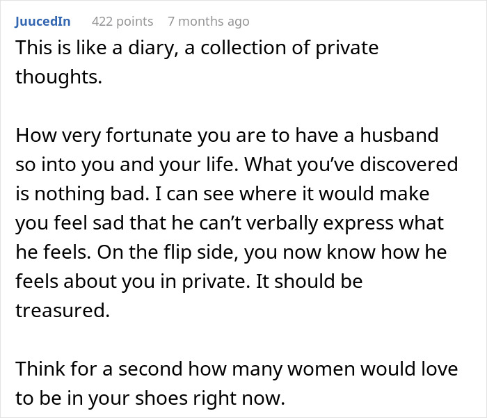 Screenshot of a comment about a husband's private thoughts and double life, like a diary.