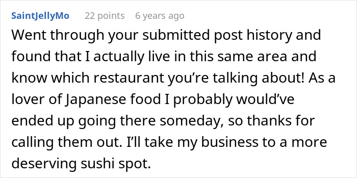 A comment revealing they found the restaurant that used employees for a scam and thanking the OP for exposing it.