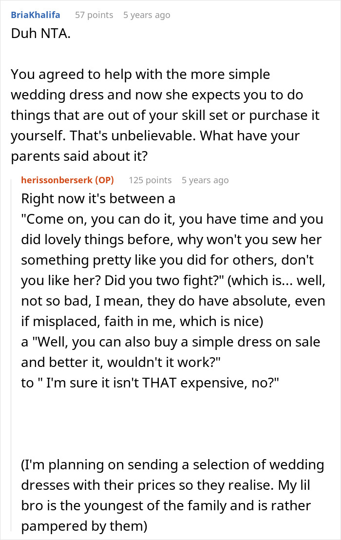 Reddit comment about unrealistic wedding dress expectations and family opinions