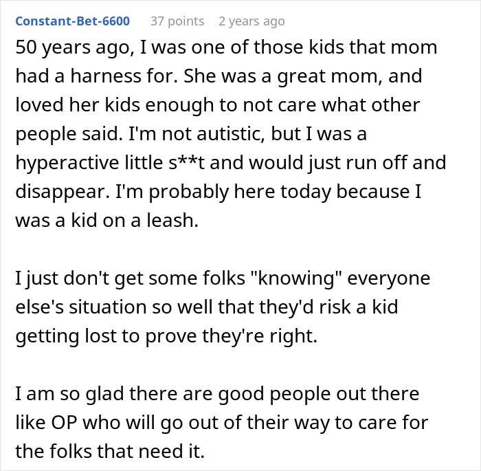 Comment about mom using harness for hyperactive child and the importance of caring for kids with special needs