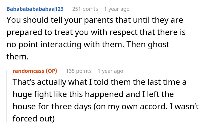 A woman is told to leave home after refusing to follow one rule. A Reddit comment advises ghosting parents until they show respect.