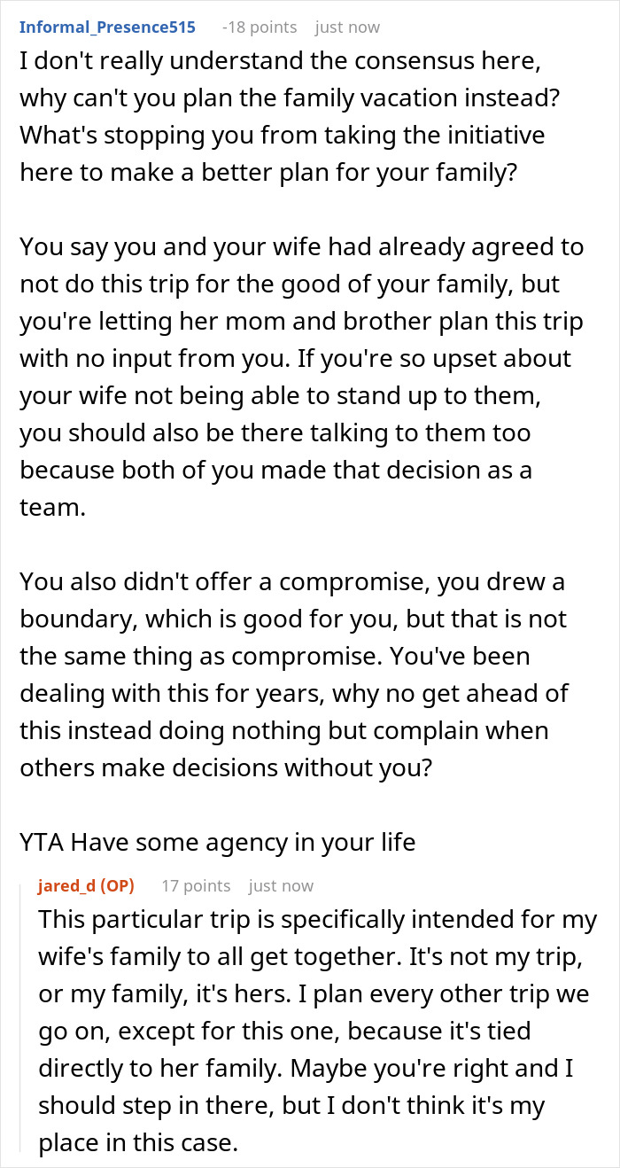 A screenshot of comments about a husband's family trip with in-laws, discussing his role in planning.