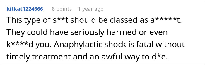A comment categorizing the mom tricking daughter with gluten free food as a*****t, highlighting the risk of anaphylactic shock.