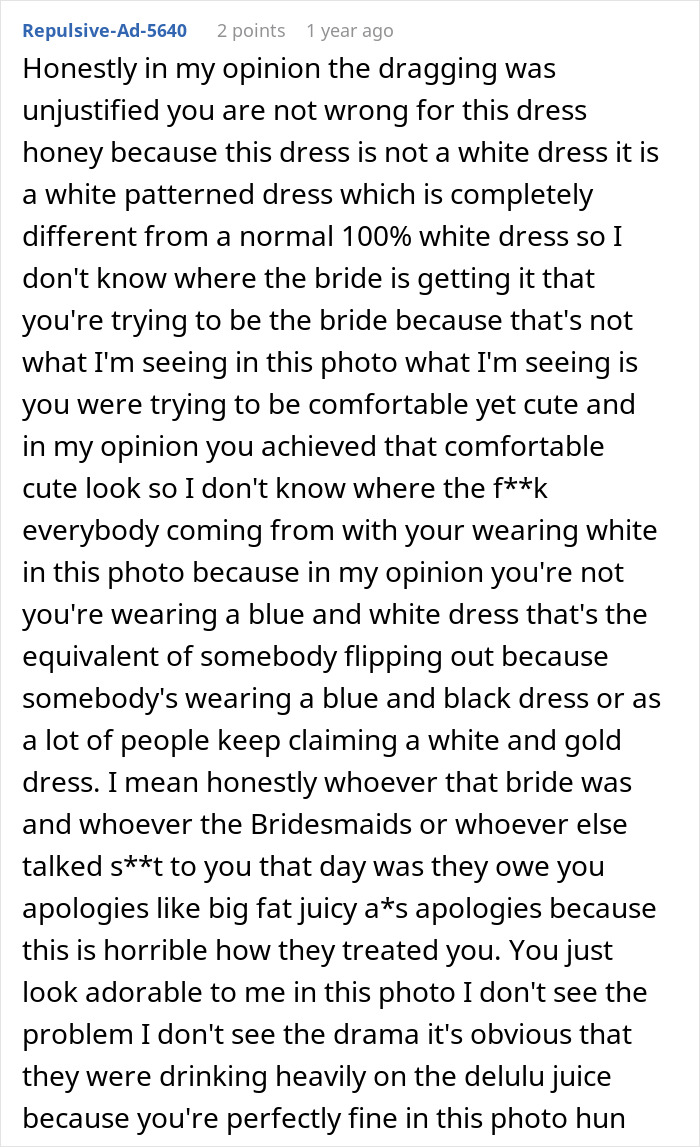 Screenshot of a comment from Repulsive-Ad-5640 defending a blue and white dress as not a white dress, discussing wedding attire. Screenshot of a comment from Repulsive-Ad-5640 defending a blue and white dress as not a white dress, discussing wedding attire.