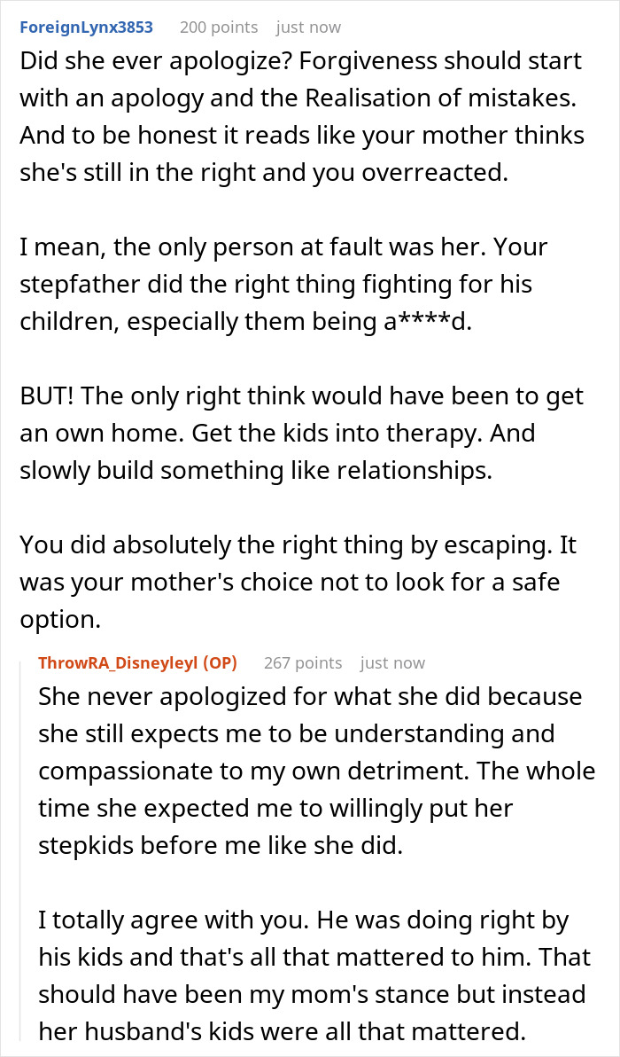 Comments on mother's lack of apology and prioritizing stepchildren over her own