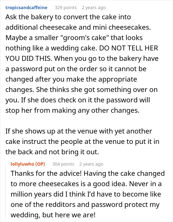 Advice on handling wedding cake changes and password protecting bakery orders Advice on handling wedding cake changes and password protecting bakery orders