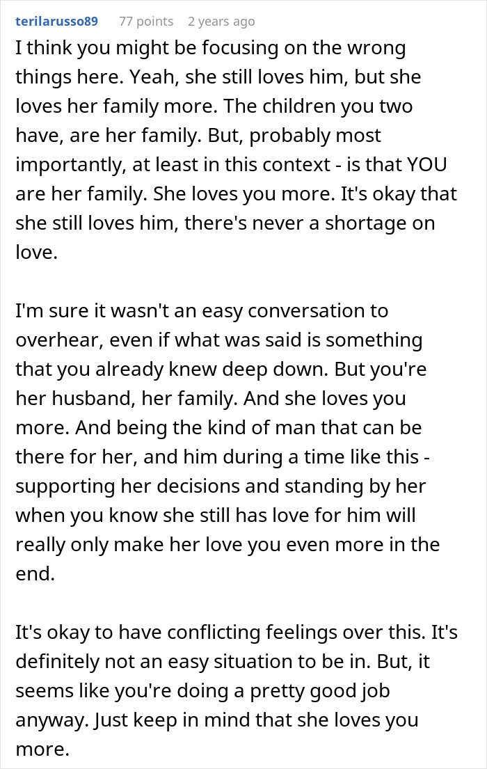 A Reddit comment suggesting a husband focus on his family despite his ex-wife's lingering feelings after an accident.
