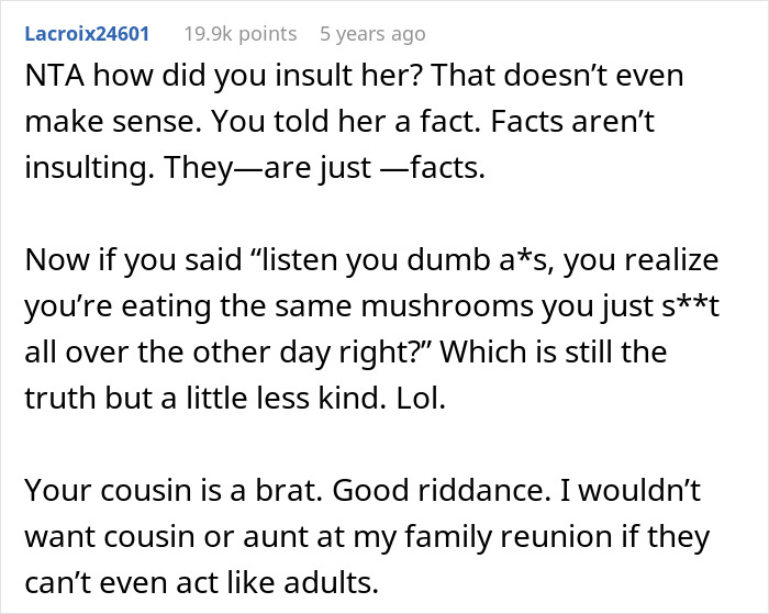 Reddit comment defending insult as fact in mushroom story Reddit comment defending insult as fact in mushroom story