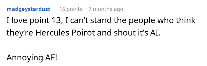 A Reddit comment expresses frustration with people who accuse posts of being AI, referencing point 13 in a story about a husband's double life.
