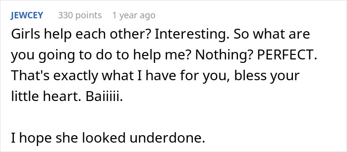 Sarcastic comment on girls helping each other in bride&rsquo;s story