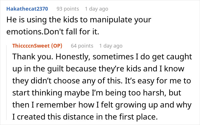 Screenshot of online discussion: Daughter's response to family pressure regarding stepkids and estranged father. Screenshot of online discussion: Daughter's response to family pressure regarding stepkids and estranged father.