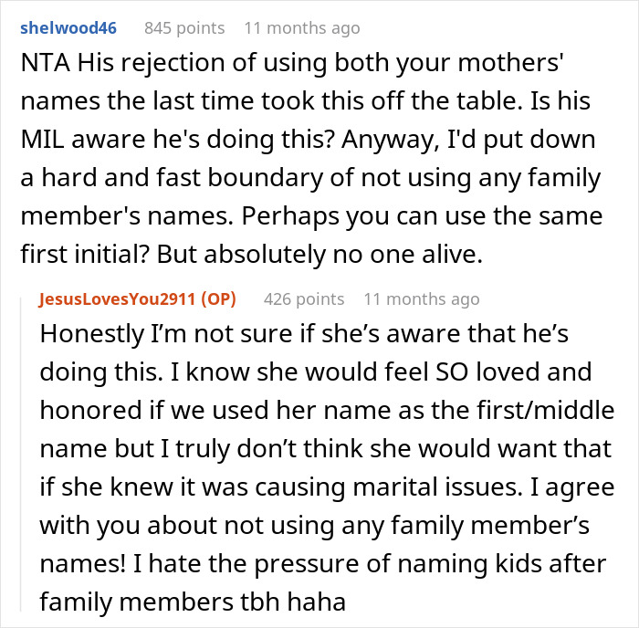 A Reddit comment about a husband's rejection of names, causing his wife to wonder why he never wants to honor her.