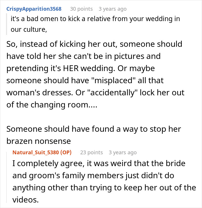 A screenshot of a Reddit comment discussing the bride's cousin's actions at the wedding. A screenshot of a Reddit comment discussing the bride's cousin's actions at the wedding.
