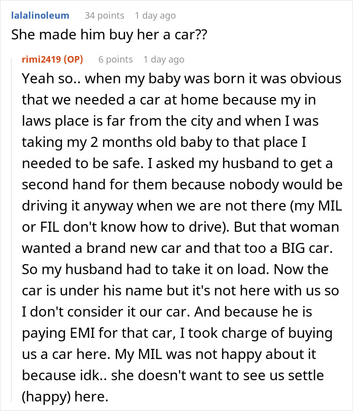 Text screenshot about MIL demanding a new car from son Text screenshot about MIL demanding a new car from son