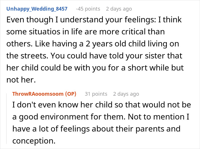 Comment addressing critical situations like helping homeless child of sister