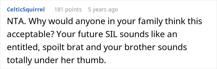 Comment criticizing SIL as spoiled brat in wedding dress situation