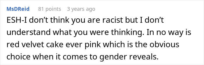Comment discussing red velvet cake not being appropriate pink for gender reveals Comment discussing red velvet cake not being appropriate pink for gender reveals