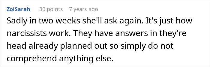 Comment about narcissists, implying MIL wanting final say on baby&rsquo;s name will persist despite DIL giving her a piece of her mind.