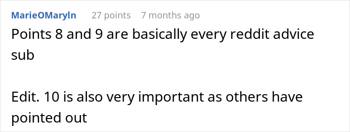 A Reddit comment discusses points 8 and 9 being like every Reddit advice sub, and point 10 being important regarding a husband's double life.