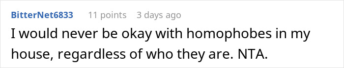 Comment refusing to accept homophobes in the house, stating NTA