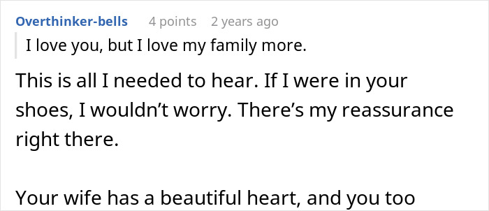 Screenshot of a forum comment about a husband's accident and ex-wife, focusing on reassurance and a beautiful heart.