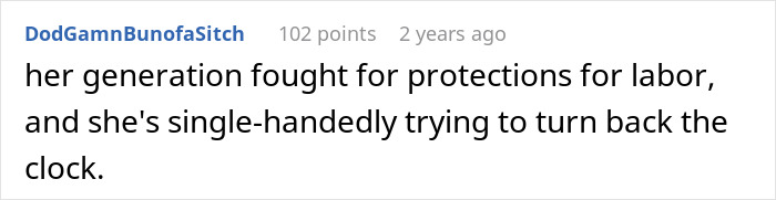 A Reddit comment stating Ableist Karen is trying to revert labor protections for her coworker.