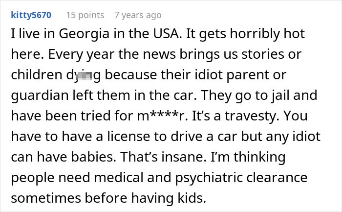 Screenshot of a comment discussing parents, parenting fail, and getting arrested for leaving children in cars. Screenshot of a comment discussing parents, parenting fail, and getting arrested for leaving children in cars.