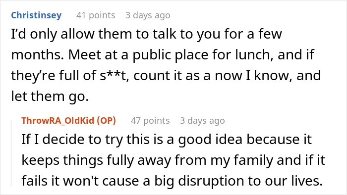 Suggestion to limit contact with parents and meet in public to evaluate trust in family conflict Suggestion to limit contact with parents and meet in public to evaluate trust in family conflict
