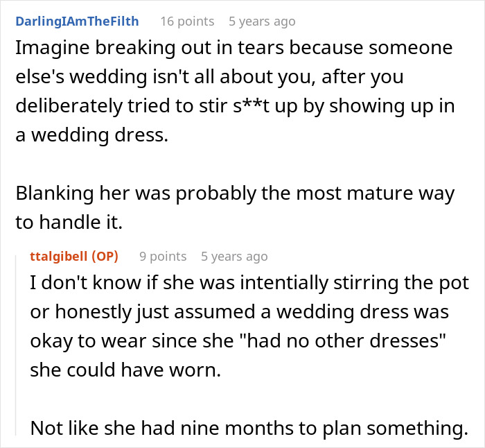 Discussion about woman causing scene at stepbrother's wedding by wearing wedding dress Discussion about woman causing scene at stepbrother's wedding by wearing wedding dress
