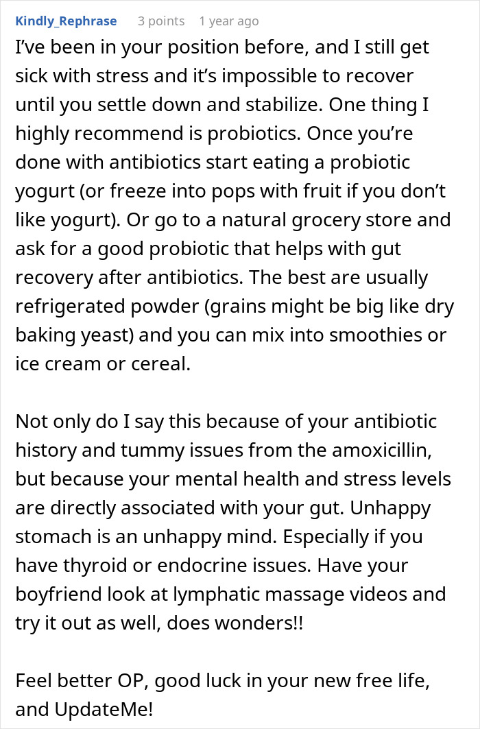 Screenshot of a Reddit comment offering advice on probiotics for stress recovery after the woman was told to leave home.