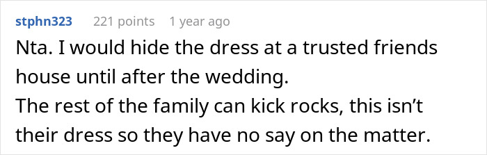 A Reddit comment advising to hide the dress due to the brother's fiancée's tantrum. A Reddit comment advising to hide the dress due to the brother's fiancée's tantrum.