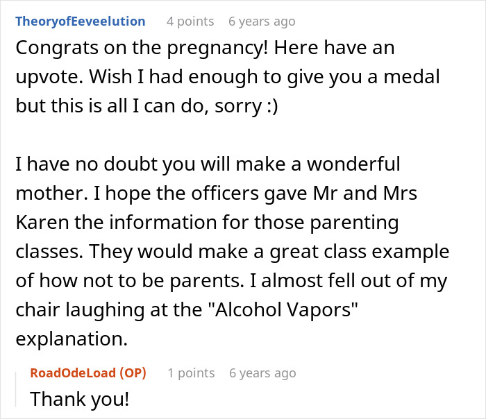 Reddit comment congratulating a pregnant woman working in a pub and criticizing religious fanatics for calling the cops.