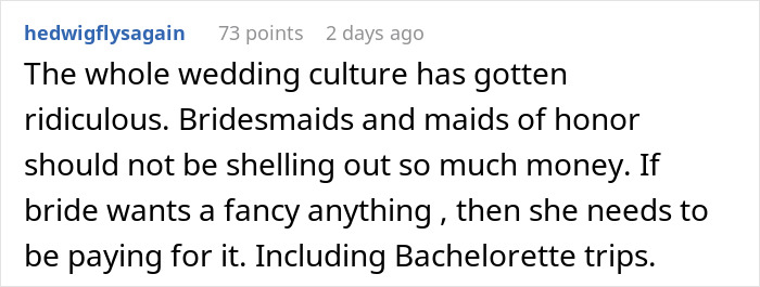 Comment on wedding culture and maids of honor paying for expenses