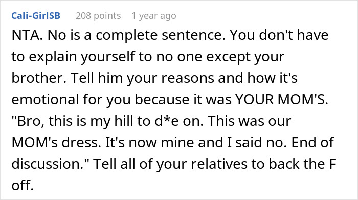 A Reddit comment emphasizing 'No is a complete sentence' about the dress for the brother's fiancée. A Reddit comment emphasizing 'No is a complete sentence' about the dress for the brother's fiancée.