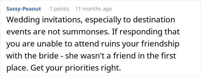 Comment advises setting priorities over attending destination wedding invitation