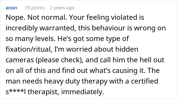 A screenshot of a comment from a concerned user, warning about a husband's stalkerish tendencies and suggesting therapy. A screenshot of a comment from a concerned user, warning about a husband's stalkerish tendencies and suggesting therapy.