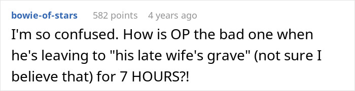 A Reddit comment questioning a husband disappearing for hours to grieve his late ex, impacting his pregnant wife. A Reddit comment questioning a husband disappearing for hours to grieve his late ex, impacting his pregnant wife.