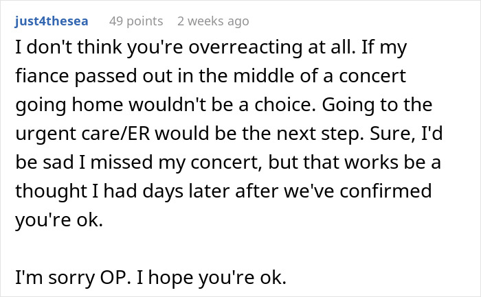 A comment stating that fainting at a concert should lead to urgent care, not going home. A comment stating that fainting at a concert should lead to urgent care, not going home.