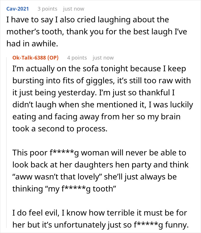 A screenshot of a comment mentioning a missing tooth incident during the bachelorette party. A screenshot of a comment mentioning a missing tooth incident during the bachelorette party.