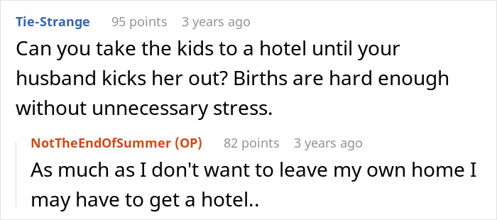 Pregnant woman having contractions, MIL refuses to leave, considering hotel options.