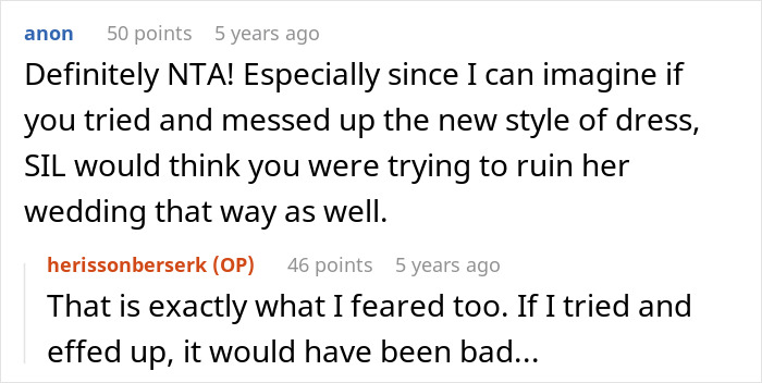 Comment about SIL assuming dress mishap would ruin wedding