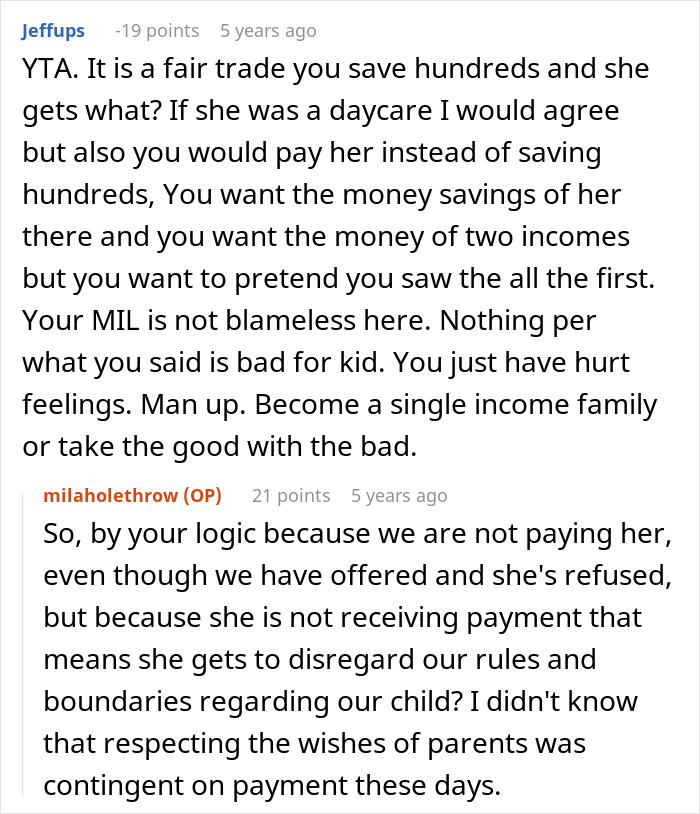 Comments debating parent's decision and MIL's role in childcare boundaries