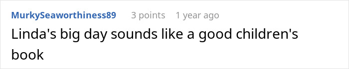 A comment suggesting 'Linda's big day' as a children's book after the wedding incident.